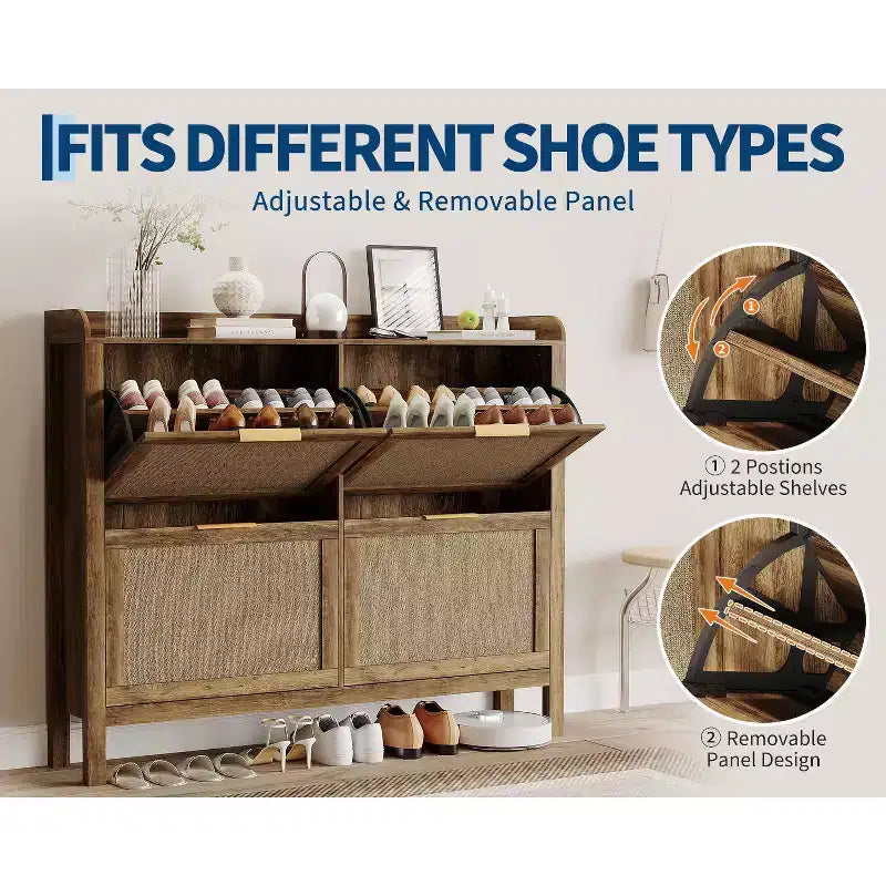 Acekool 47 Meuble à chaussures en rotin 4 tiroirs à bascule Boho Ferme Organisateur étroit pour entrée
