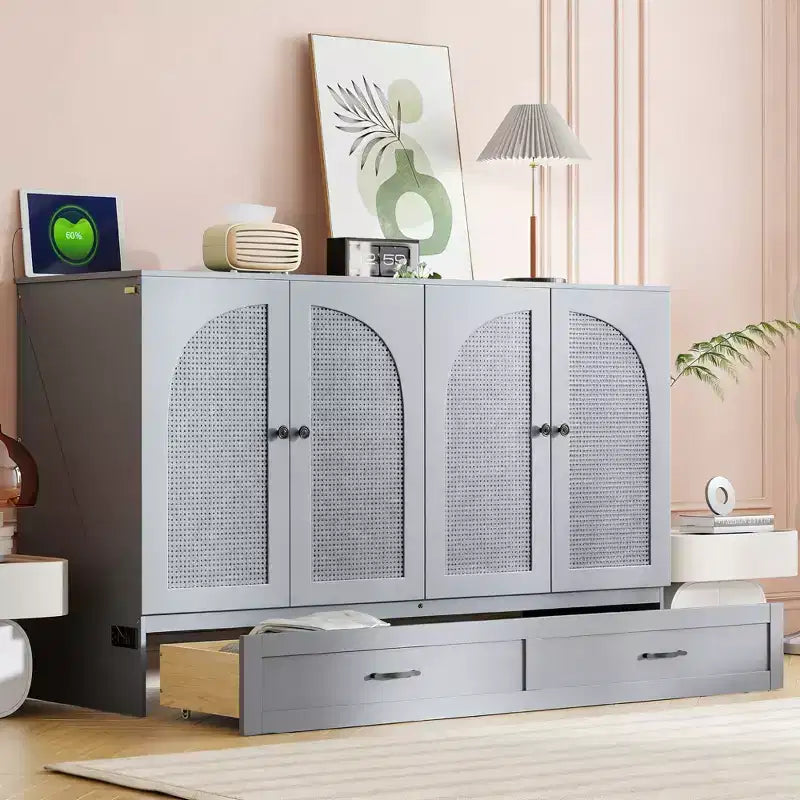 Lit escamotable moderne Luxystar Queen en rotin avec grand tiroir pour salon et chambre d'amis