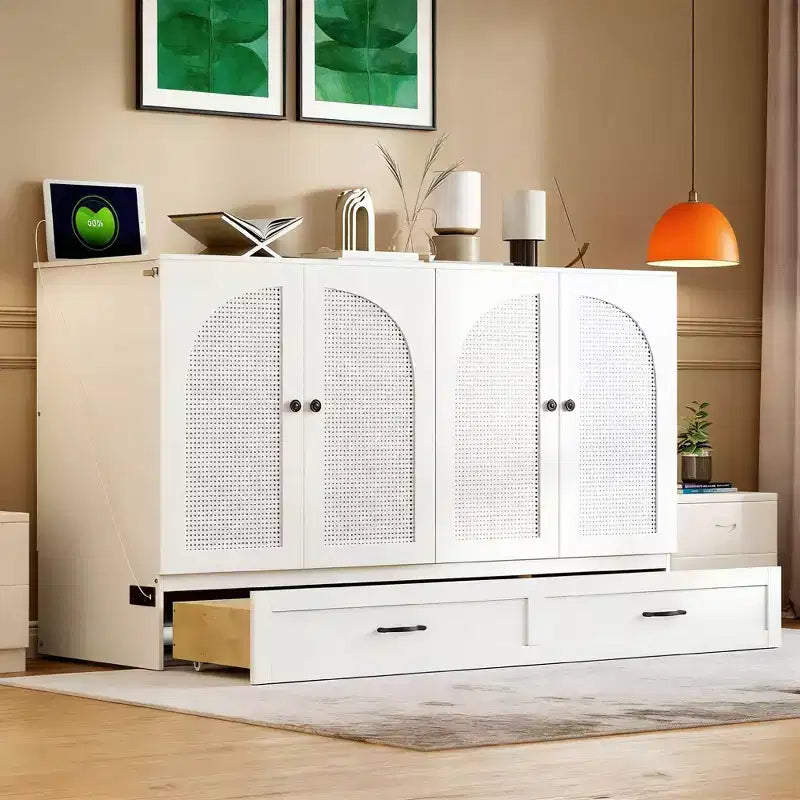 Lit escamotable moderne Luxystar Queen en rotin avec grand tiroir pour salon et chambre d'amis