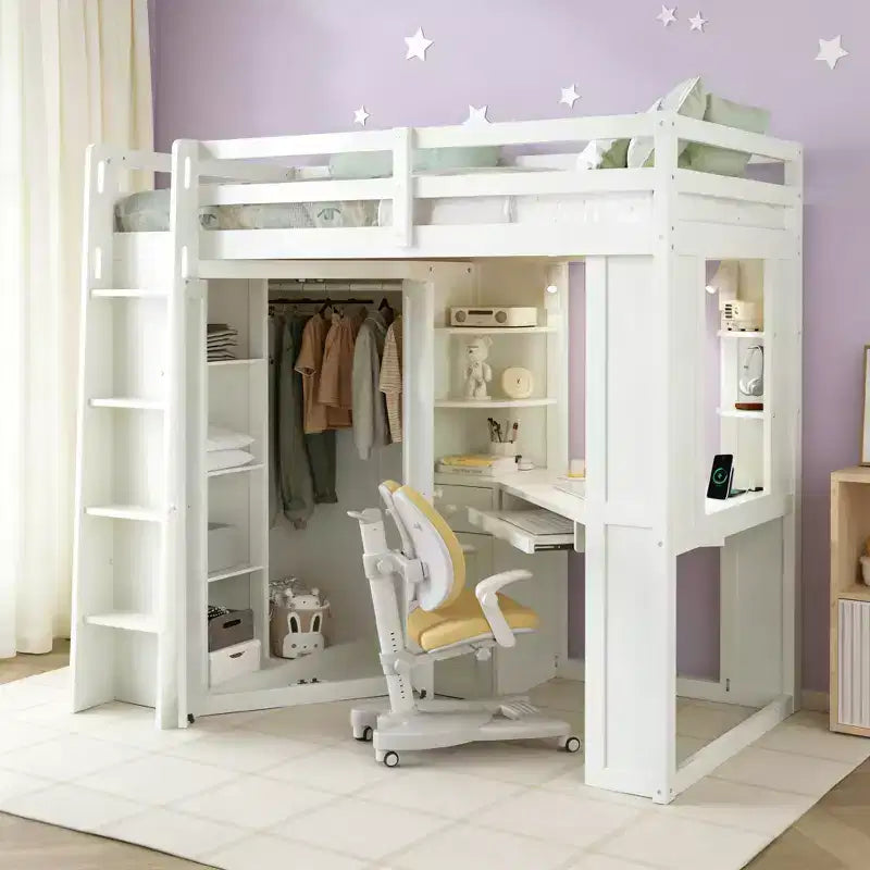 Lit mezzanine tout-en-un Luxystar pour lit simple avec armoire intégrée, bureau, étagères, tablette coulissante pour clavier et spot lumineux