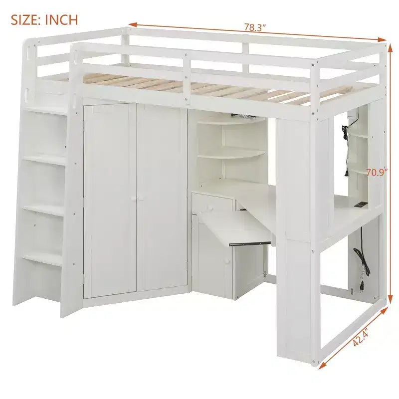 Lit mezzanine tout-en-un Luxystar pour lit simple avec armoire intégrée, bureau, étagères, tablette coulissante pour clavier et spot lumineux
