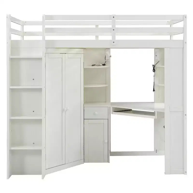 Lit mezzanine tout-en-un Luxystar pour lit simple avec armoire intégrée, bureau, étagères, tablette coulissante pour clavier et spot lumineux