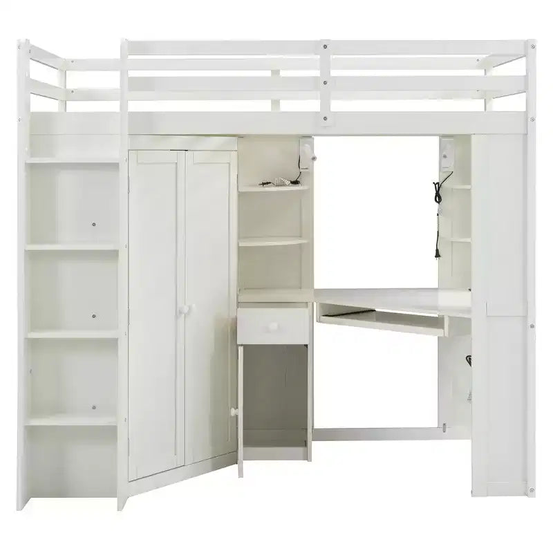 Lit mezzanine tout-en-un Luxystar pour lit simple avec armoire intégrée, bureau, étagères, tablette coulissante pour clavier et spot lumineux