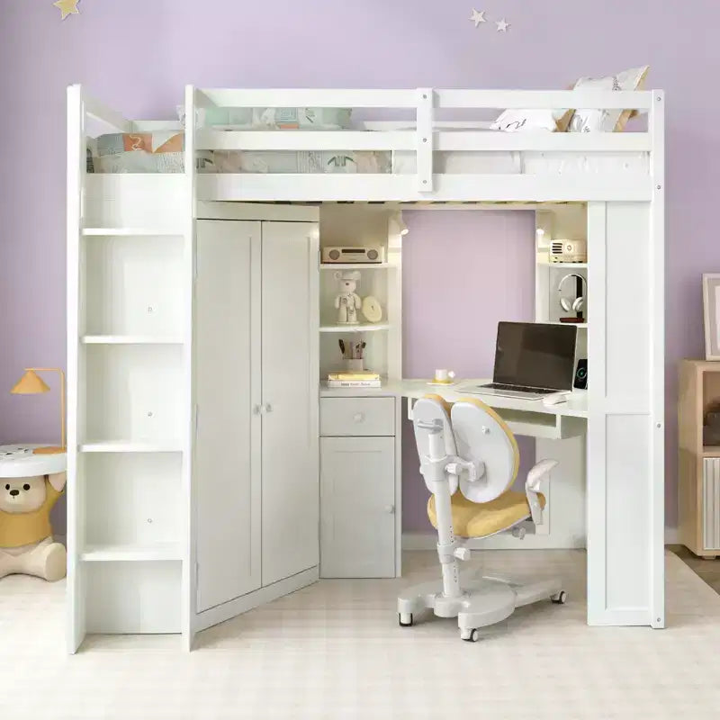 Lit mezzanine tout-en-un Luxystar pour lit simple avec armoire intégrée, bureau, étagères, tablette coulissante pour clavier et spot lumineux