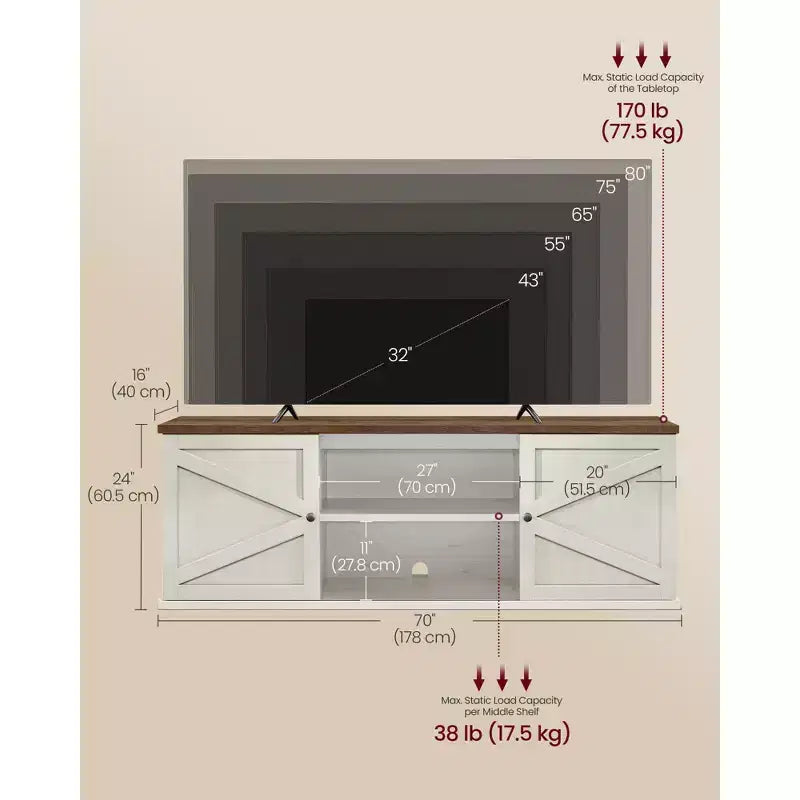 Meuble TV de style rustique VASAGLE pour téléviseurs jusqu'à 80 pouces, meuble de rangement avec placards, console multimédia, blanc rustique et marron miel