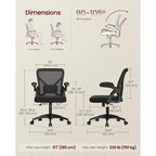 VASAGLE Chaise de Bureau Ergonomique en Maille avec Support Lombaire Réglable, Fonction d'Inclinaison 90-105°, Siège Large, Accoudoirs Relevables