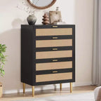 Acekool Commode à 5 tiroirs en rotin avec pieds dorés, meuble haut pour chambre et salon