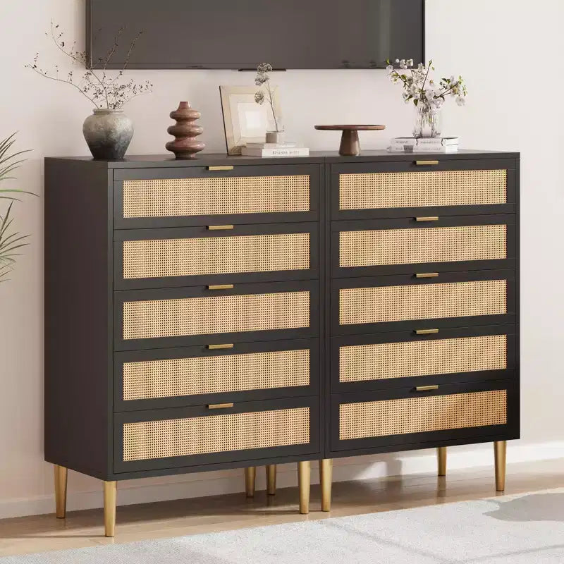 Acekool Commode à 5 tiroirs en rotin avec pieds dorés, meuble haut pour chambre et salon