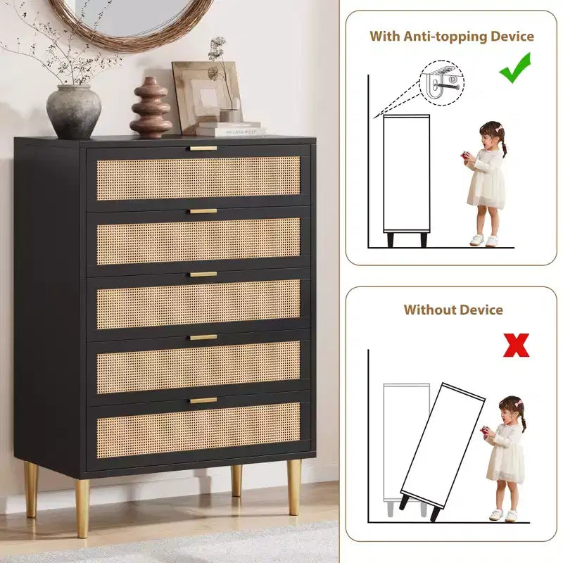 Acekool Commode à 5 tiroirs en rotin avec pieds dorés, meuble haut pour chambre et salon