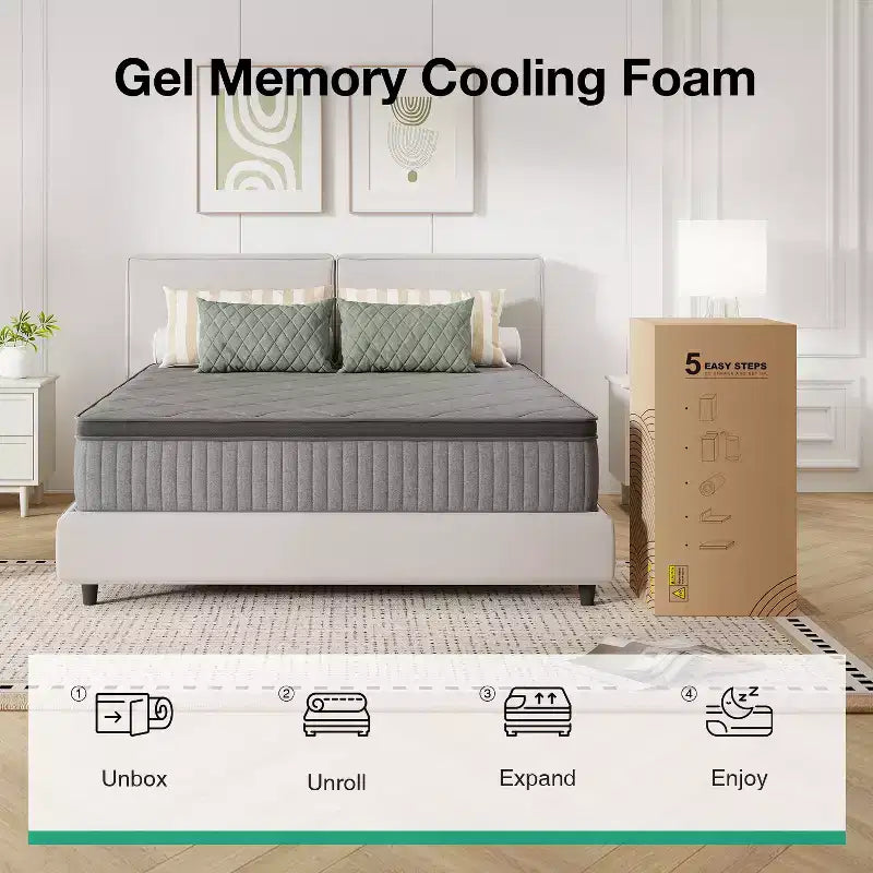 Matelas hybride ferme à mémoire de forme infusé de gel Novilla de 8/10/12/14 pouces, livré en boîte