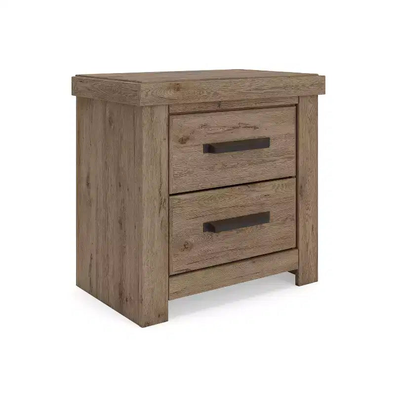 Table de chevet à deux tiroirs Signature Design by Ashley Contoura, aspect bois rustique brun clair avec recharge USB
