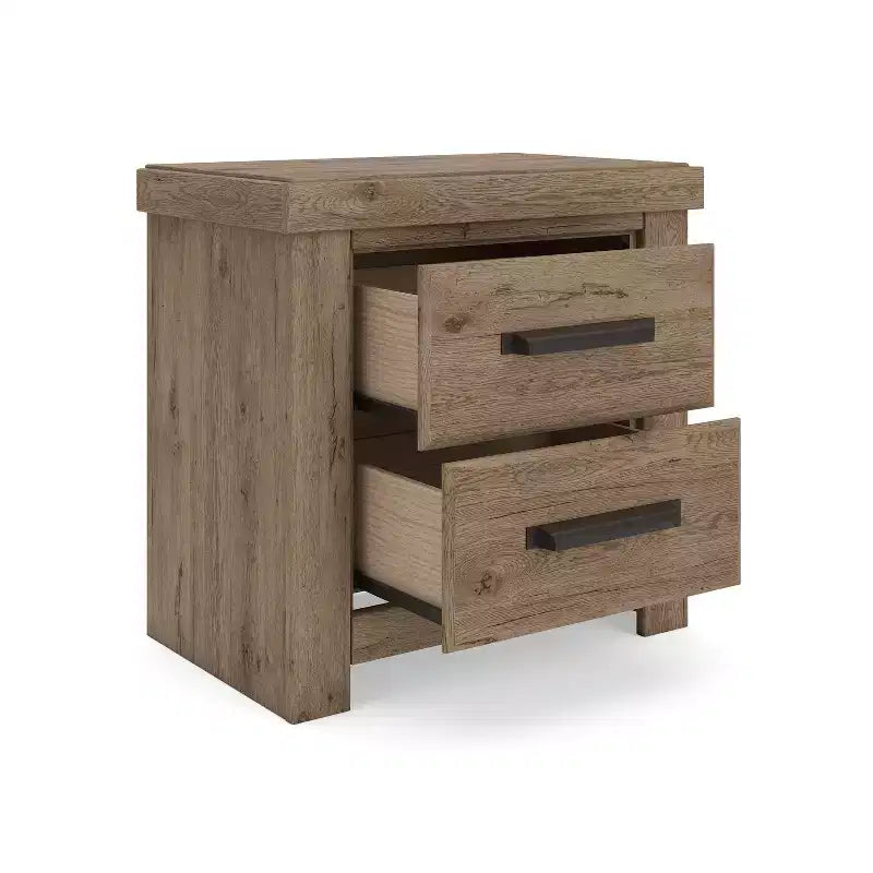 Table de chevet à deux tiroirs Signature Design by Ashley Contoura, aspect bois rustique brun clair avec recharge USB