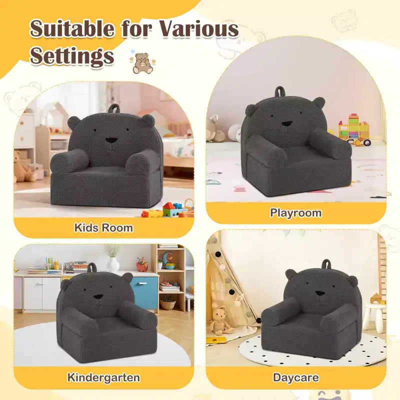 Costway Canapé Enfant Ours en Mousse pour Tout-Petits avec Housse en Tissu Polaire Doux Marron/Gris/Bleu Marine/Rose