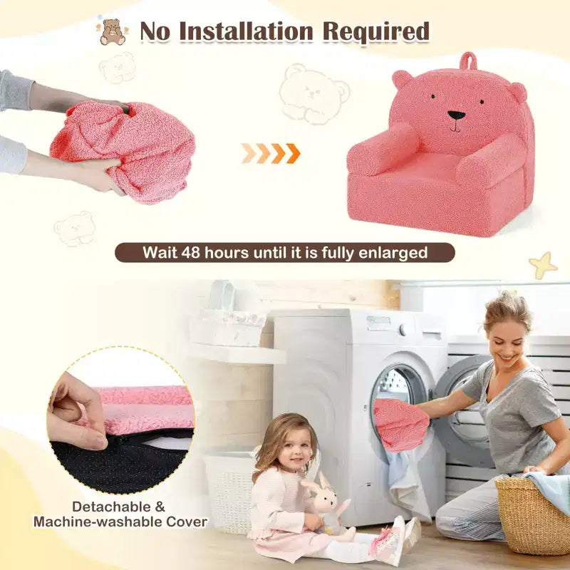 Costway Canapé Enfant Ours en Mousse pour Tout-Petits avec Housse en Tissu Polaire Doux Marron/Gris/Bleu Marine/Rose