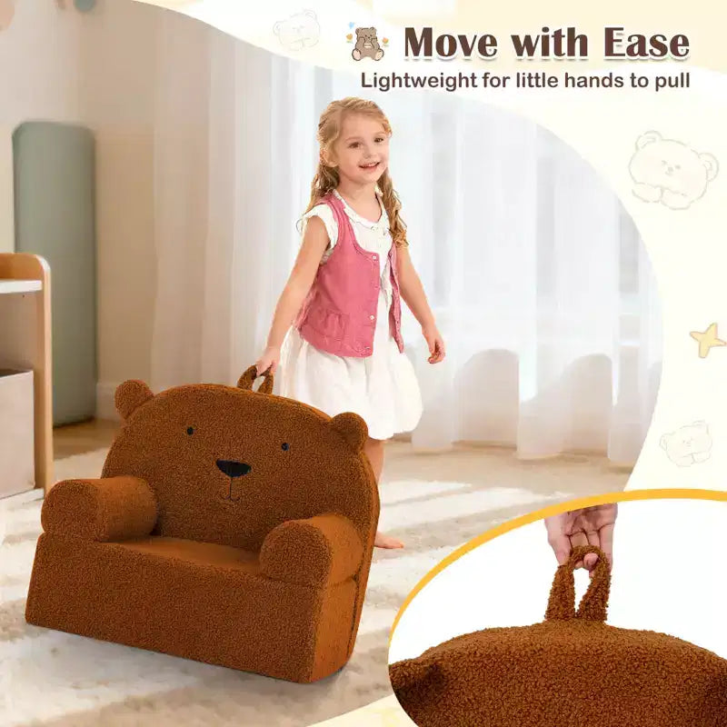 Costway Canapé Enfant Ours en Mousse pour Tout-Petits avec Housse en Tissu Polaire Doux Marron/Gris/Bleu Marine/Rose