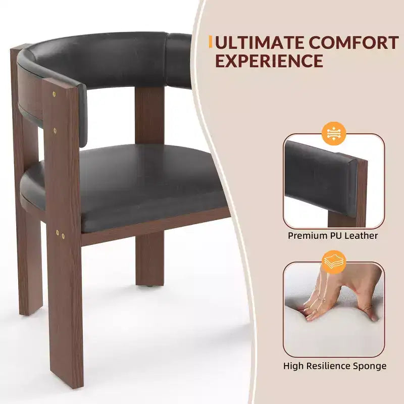 Chaises de salle à manger modernes du milieu du siècle, lot de 4 chaises de cuisine rembourrées en cuir PU avec dossier incurvé accentué et cadre en bois de caoutchouc, marron + noir