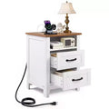 Farmhouse Nightstand, with Charging Station, End Table with 2 Drawers and Open Shelf, Bedside Storage Cabinet