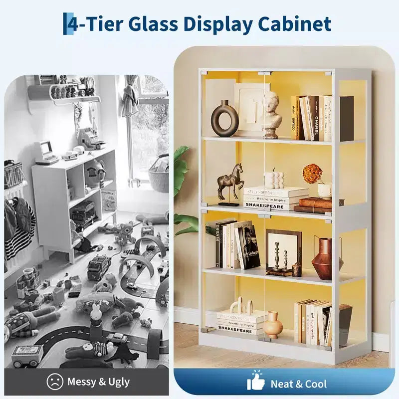 Vitrine en verre à 4 niveaux GustoWave, vitrine noire avec portes en verre, étagère de rangement pour objets de collection, salon