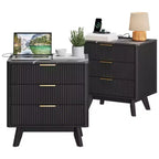 Set of 2 Nightstand, 24'' Wide 3-Drawer Black Wave Pattern Night Stand with Charging Station, Modern Bedside Table for Bedroom/Living Room