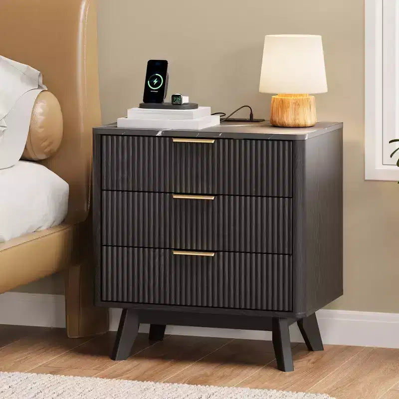 Ensemble de 2 tables de chevet, 61 cm de large avec 3 tiroirs motif vague noire et station de recharge, table de chevet moderne pour chambre/salon