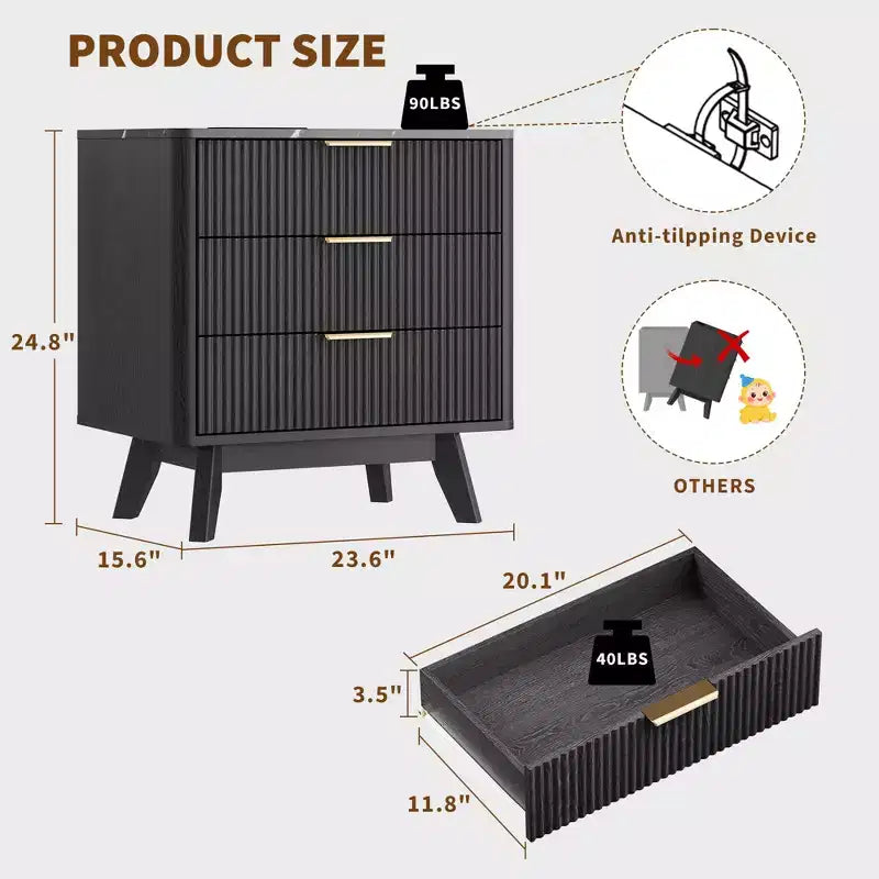 Ensemble de 2 tables de chevet, 61 cm de large avec 3 tiroirs motif vague noire et station de recharge, table de chevet moderne pour chambre/salon