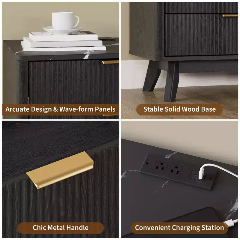 Ensemble de 2 tables de chevet, 61 cm de large avec 3 tiroirs motif vague noire et station de recharge, table de chevet moderne pour chambre/salon