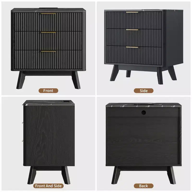 Ensemble de 2 tables de chevet, 61 cm de large avec 3 tiroirs motif vague noire et station de recharge, table de chevet moderne pour chambre/salon