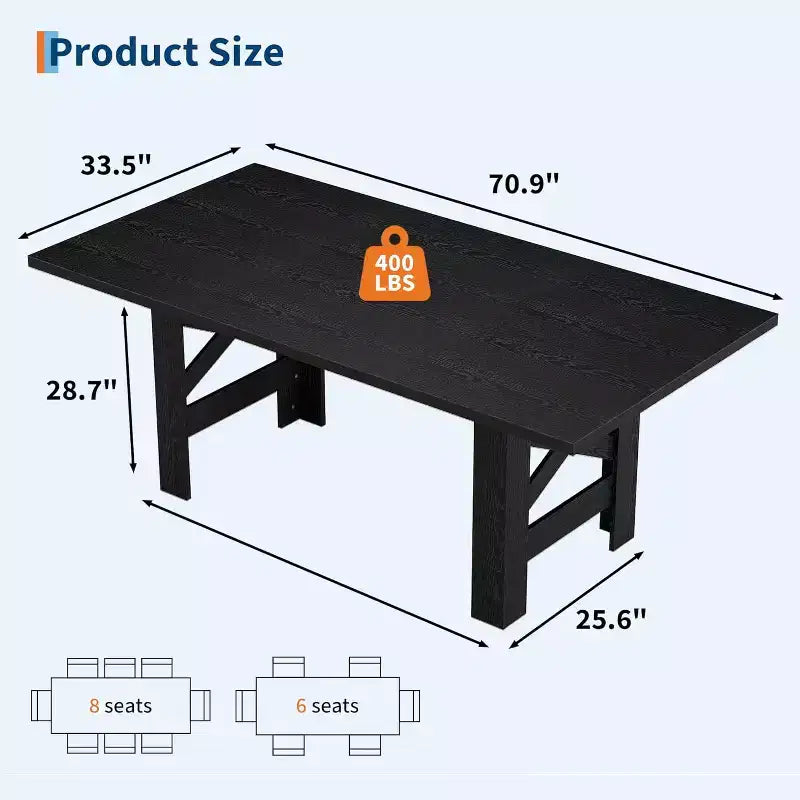 Table à manger de ferme de 180 cm pour 6 à 8 personnes, table de cuisine en bois avec plateau épais et pieds triangulaires, noir rustique pour salle à manger ou bureau