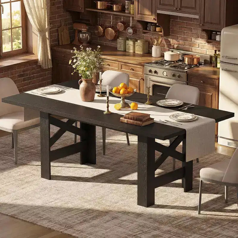 Table à manger de ferme de 180 cm pour 6 à 8 personnes, table de cuisine en bois avec plateau épais et pieds triangulaires, noir rustique pour salle à manger ou bureau