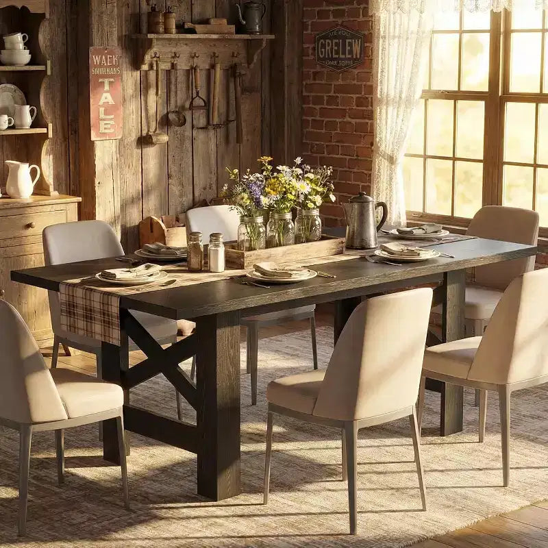 Table à manger de ferme de 180 cm pour 6 à 8 personnes, table de cuisine en bois avec plateau épais et pieds triangulaires, noir rustique pour salle à manger ou bureau