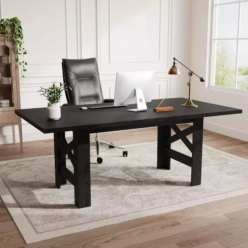 Table à manger de ferme de 180 cm pour 6 à 8 personnes, table de cuisine en bois avec plateau épais et pieds triangulaires, noir rustique pour salle à manger ou bureau