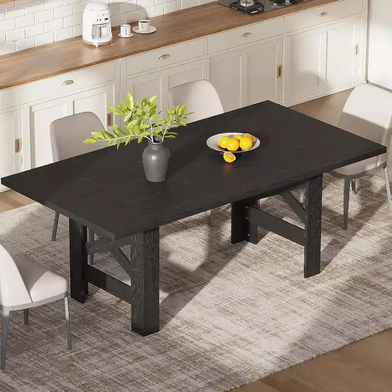 71in Farmhouse Dining Table For 6 To 8, Wooden Kitchen Table With Thick Top And Triangular Legs, Rustic Black For Dining Room Or Office