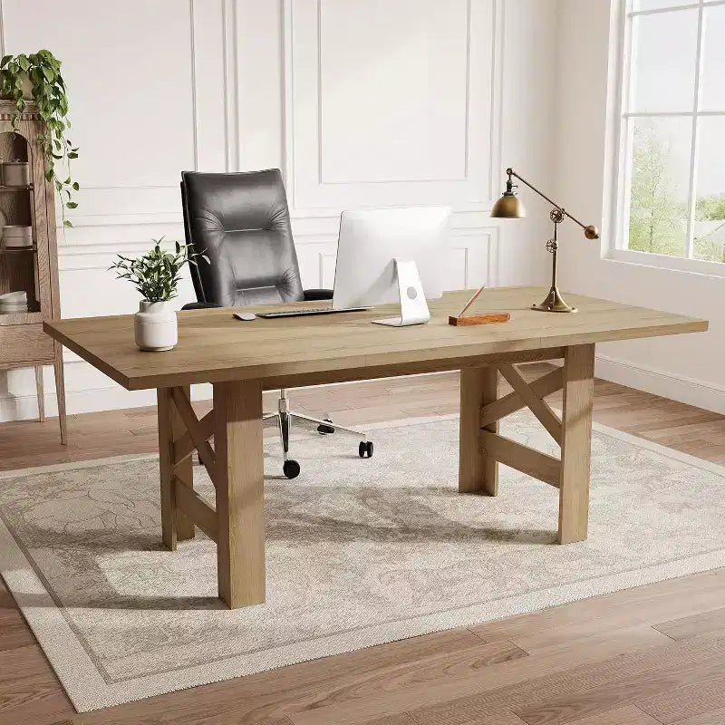 Table à manger de ferme de 180 cm pour 6 à 8 personnes, table de cuisine en bois avec plateau épais et pieds triangulaires, noir rustique pour salle à manger ou bureau