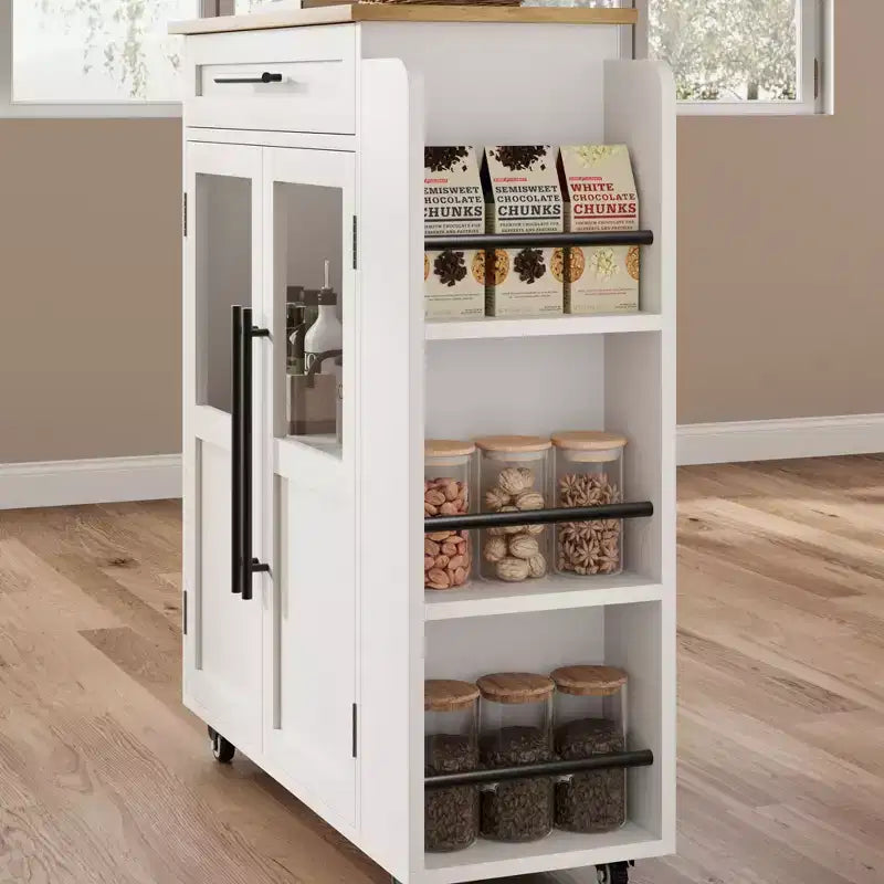 Îlot de cuisine avec rangement, îlot de rangement de cuisine avec porte-épices et tiroir, cuisine roulante à 360° sur roues, pour maison, salle à manger