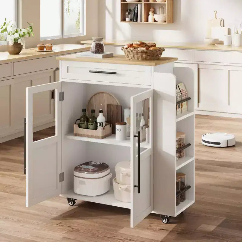 Îlot de cuisine avec rangement, îlot de rangement de cuisine avec porte-épices et tiroir, cuisine roulante à 360° sur roues, pour maison, salle à manger