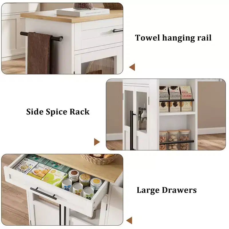 Îlot de cuisine avec rangement, îlot de rangement de cuisine avec porte-épices et tiroir, cuisine roulante à 360° sur roues, pour maison, salle à manger