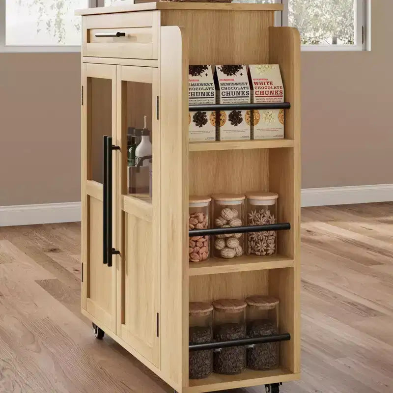 Îlot de cuisine avec rangement, îlot de rangement de cuisine avec porte-épices et tiroir, cuisine roulante à 360° sur roues, pour maison, salle à manger