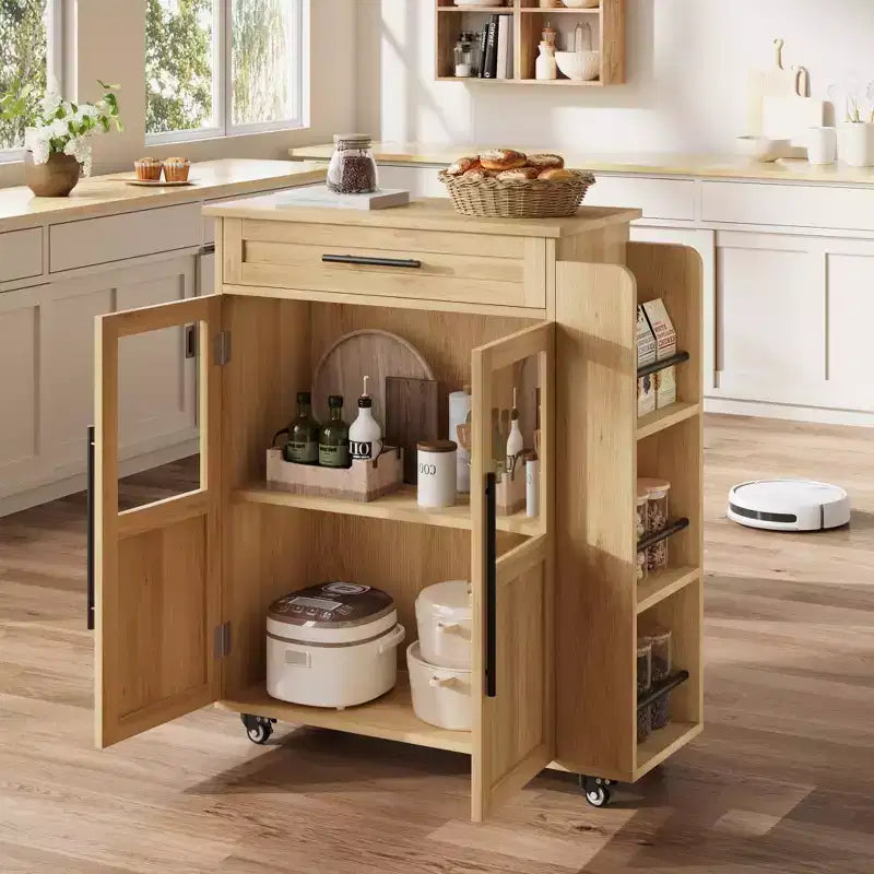 Îlot de cuisine avec rangement, îlot de rangement de cuisine avec porte-épices et tiroir, cuisine roulante à 360° sur roues, pour maison, salle à manger