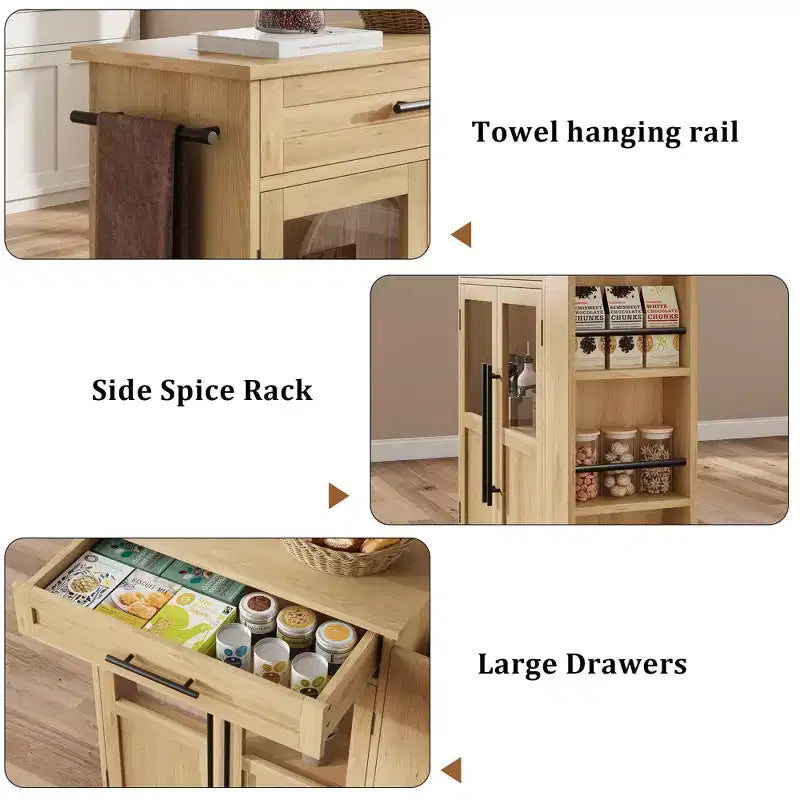 Îlot de cuisine avec rangement, îlot de rangement de cuisine avec porte-épices et tiroir, cuisine roulante à 360° sur roues, pour maison, salle à manger