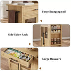 Îlot de cuisine avec rangement, îlot de rangement de cuisine avec porte-épices et tiroir, cuisine roulante à 360° sur roues, pour maison, salle à manger