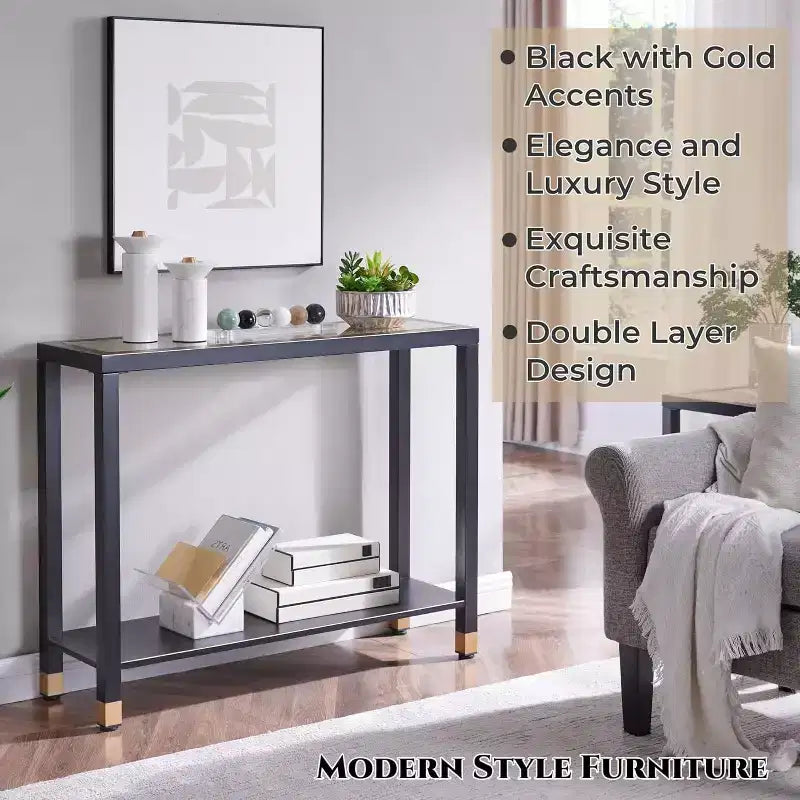 GDFStudio Nerita : Console moderne en verre à 2 plateaux avec structure métallique
