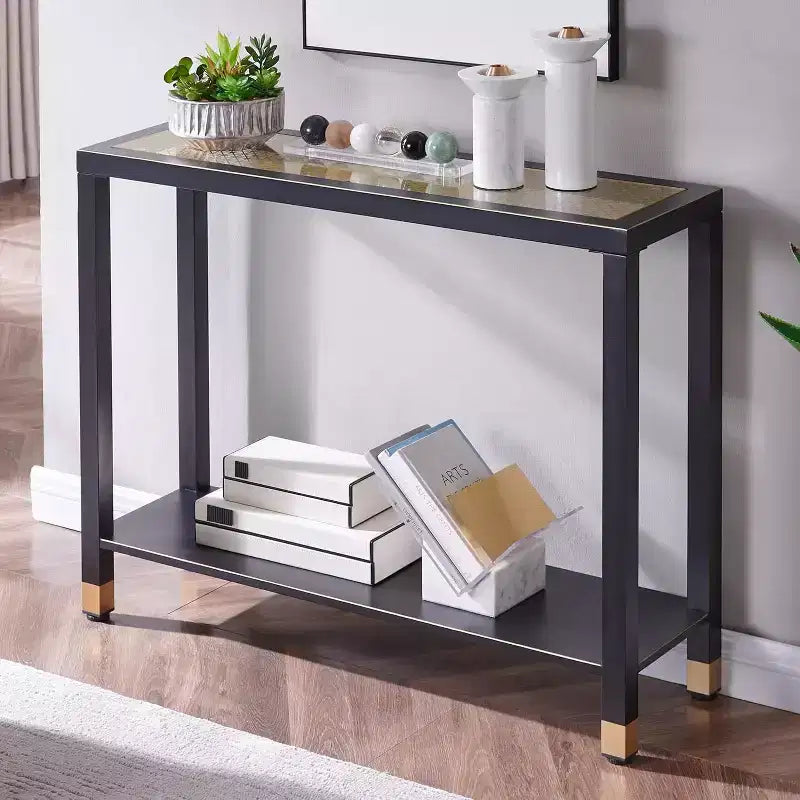 GDFStudio Nerita Modern Glass Console Table with 2-Tier Metal Frame