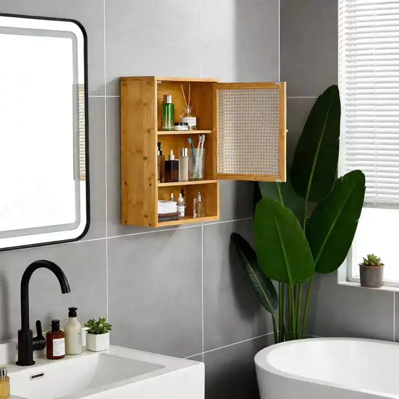 Meuble de salle de bain mural en bambou avec portes en rotin, armoire à pharmacie avec étagère réglable et organisateur peu encombrant, bois naturel/noir/blanc