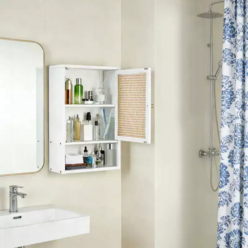 Meuble de salle de bain mural en bambou avec portes en rotin, armoire à pharmacie avec étagère réglable et organisateur peu encombrant, bois naturel/noir/blanc
