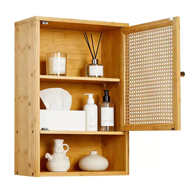 Meuble de salle de bain mural en bambou avec portes en rotin, armoire à pharmacie avec étagère réglable et organisateur peu encombrant, bois naturel/noir/blanc
