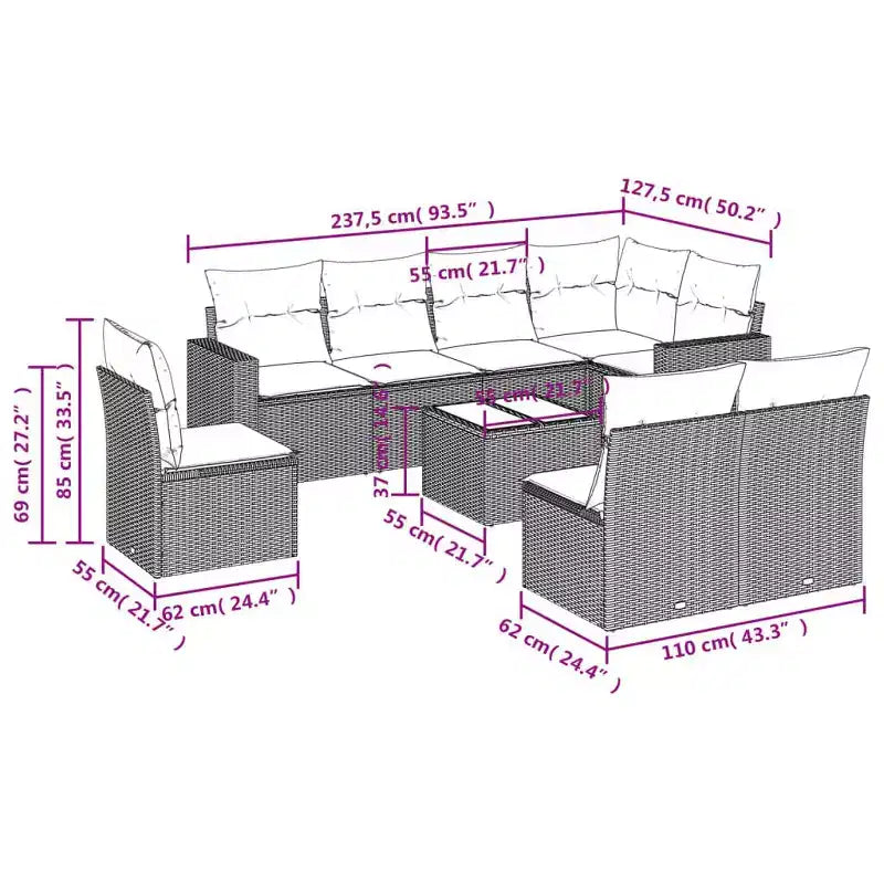 vidaXL Salon de jardin 9 pcs avec coussins résine tressée noir