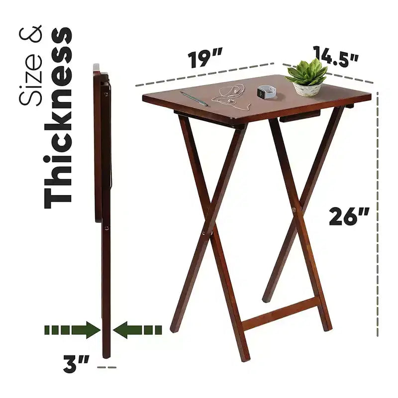 PJ Wood Tables pliantes rectangulaires légères en bois massif pour intérieur, plateau de télévision, lot de 5 avec support de rangement compact, finition expresso