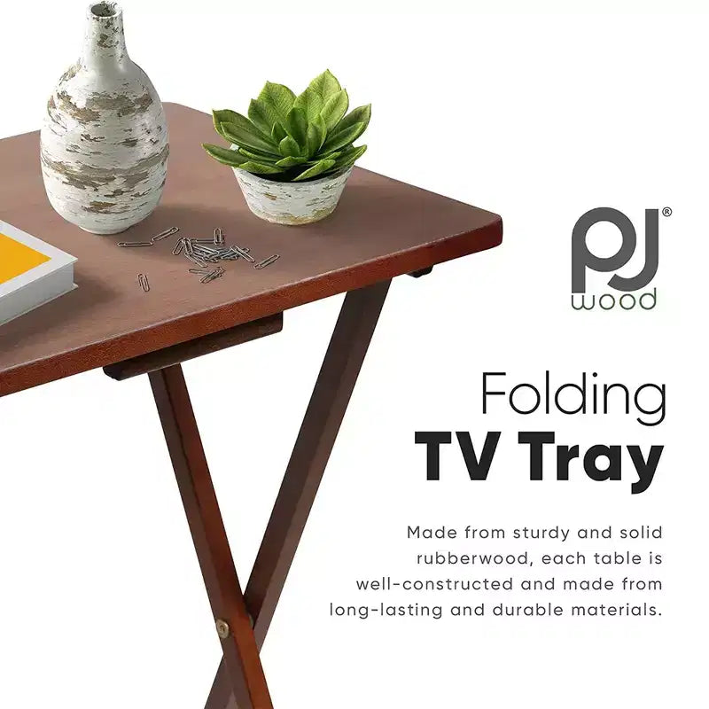 PJ Wood Tables pliantes rectangulaires légères en bois massif pour intérieur, plateau de télévision, lot de 5 avec support de rangement compact, finition expresso