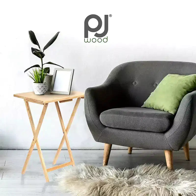 PJ Wood Tables pliantes rectangulaires légères en bois massif pour intérieur, plateau de télévision, lot de 5 avec support de rangement compact, finition expresso