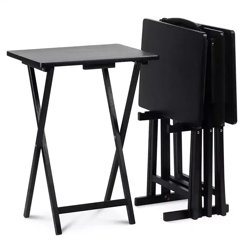 PJ Wood Tables pliantes rectangulaires légères en bois massif pour intérieur, plateau de télévision, lot de 5 avec support de rangement compact, finition expresso